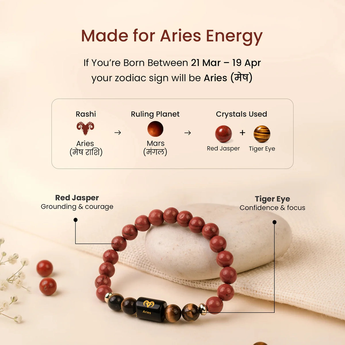 Aries (मेष राशि) Zodiac Bracelet – Red Jasper & Tiger Eye