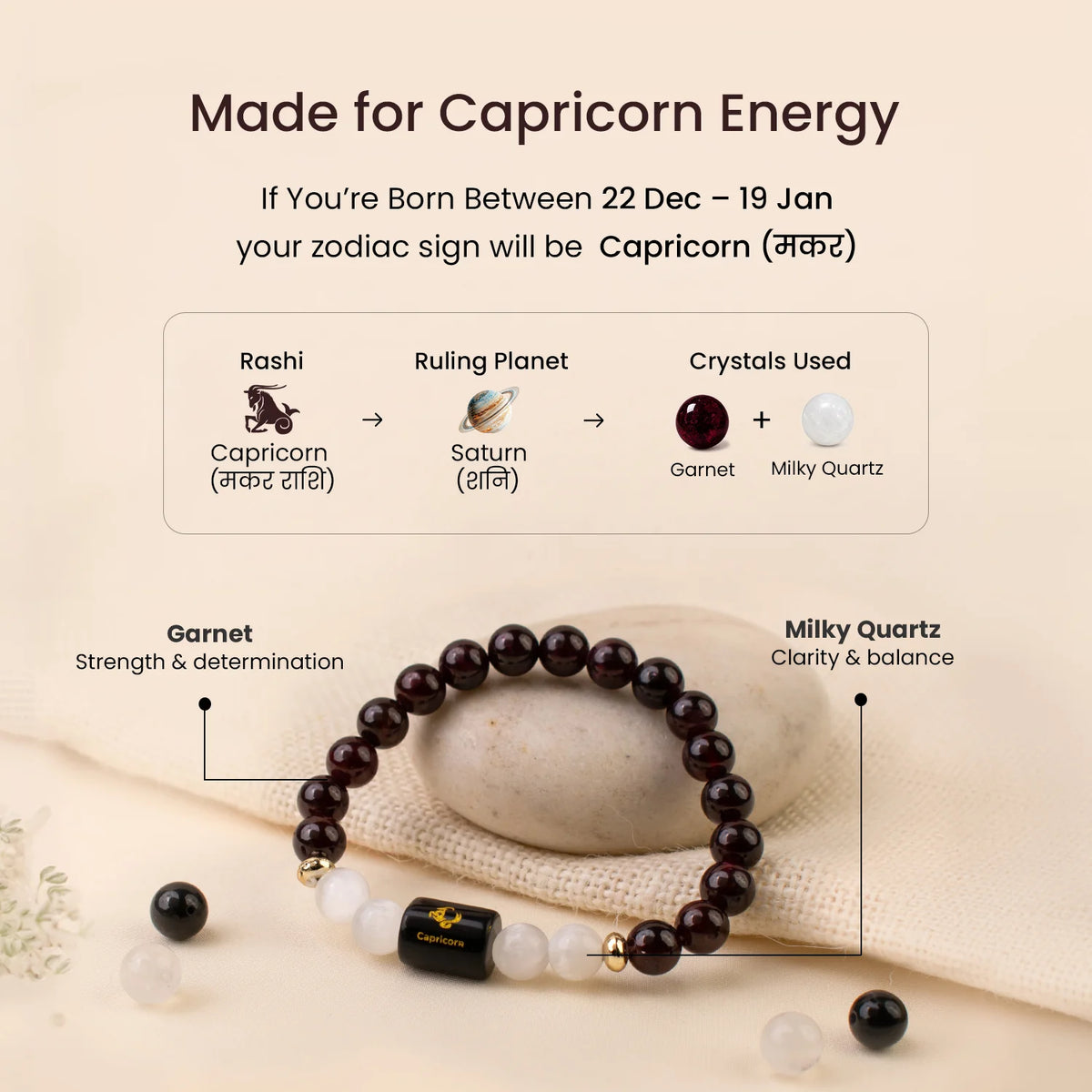 Capricorn (मकर राशि) Zodiac Bracelet – Garnet & Milky Quartz