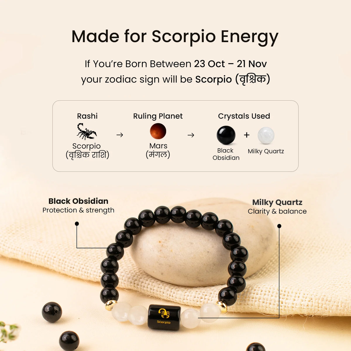 Scorpio (वृश्चिक राशि) Zodiac Bracelet – Black Obsidian & Milky Quartz