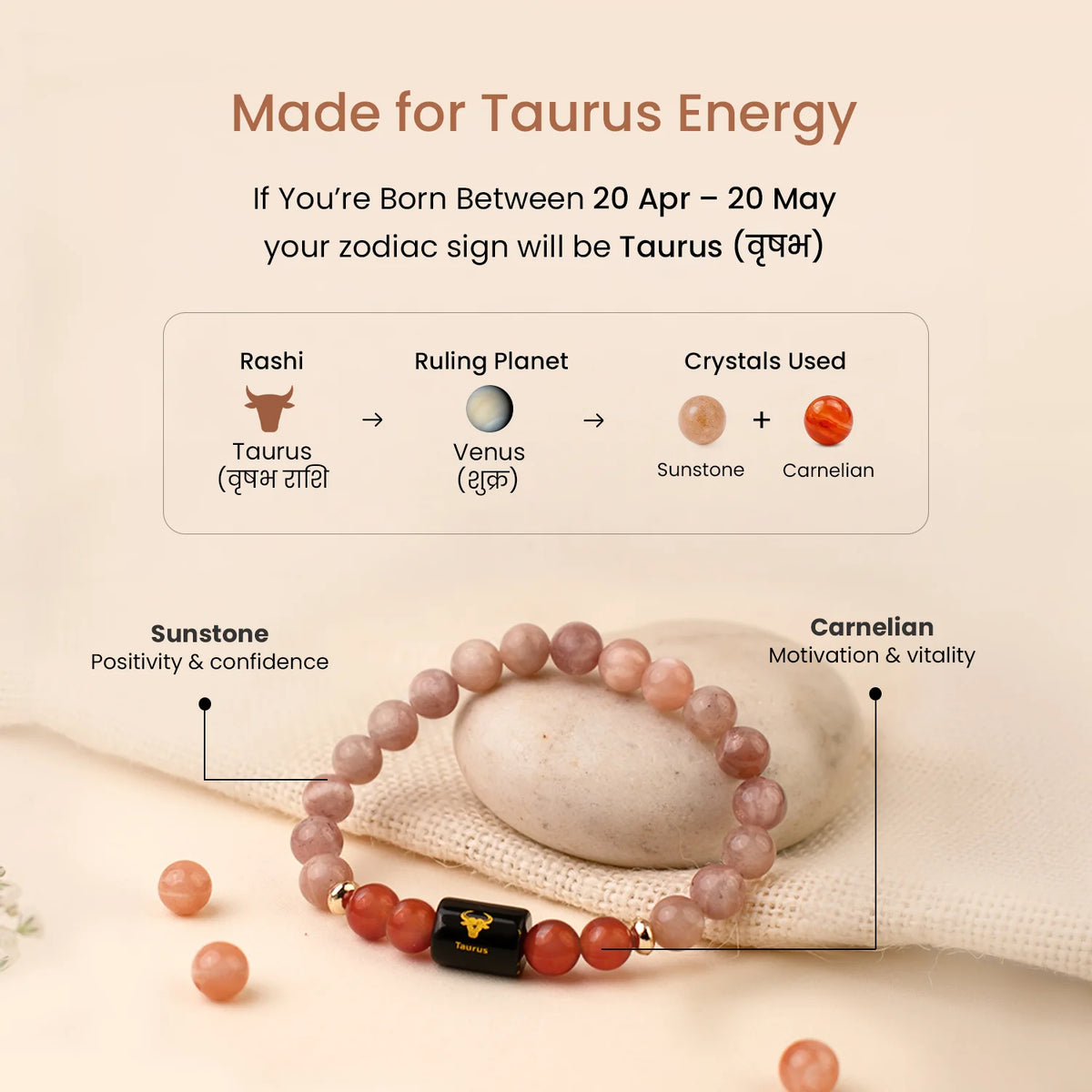 Taurus (वृषभ राशि) Zodiac Bracelet – Sunstone & Carnelian