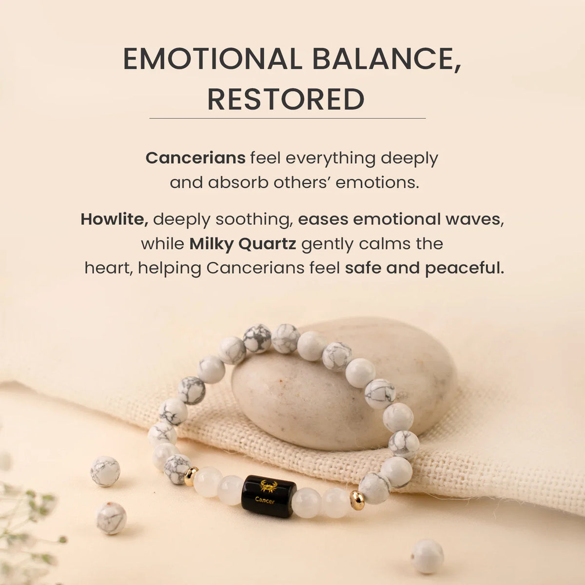 Cancer (कर्क राशि) Zodiac Bracelet – Howlite & Milky Quartz