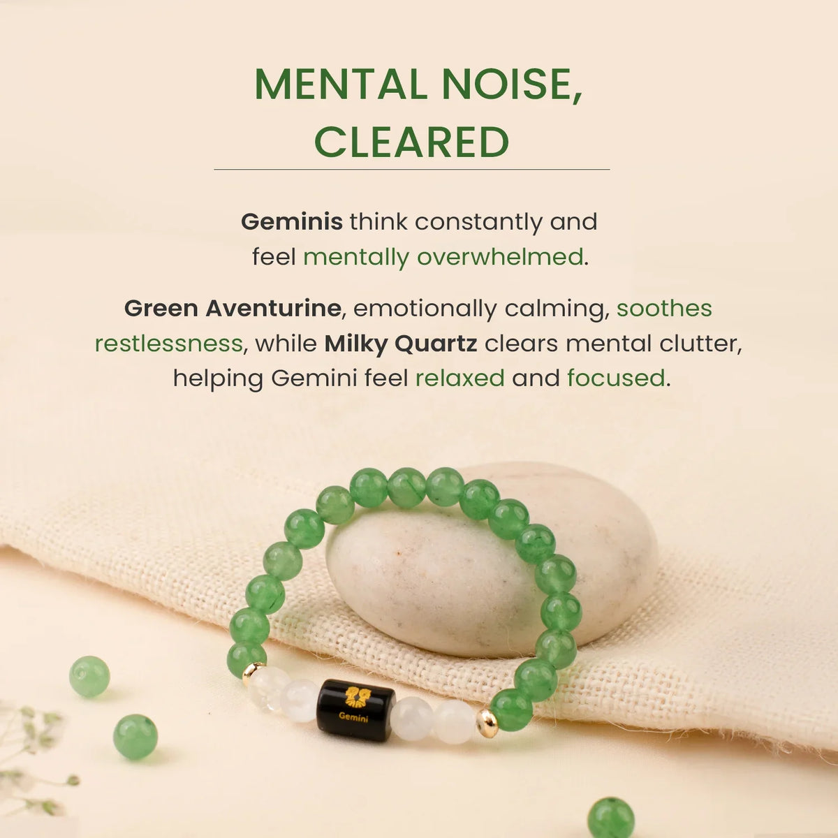 Gemini (मिथुन राशि) Zodiac Bracelet – Green Aventurine & Milky Quartz