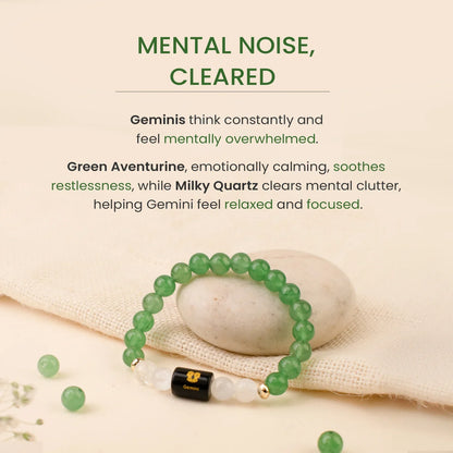 Gemini (मिथुन राशि) Zodiac Bracelet – Green Aventurine & Milky Quartz