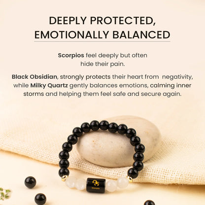 Scorpio (वृश्चिक राशि) Zodiac Bracelet – Black Obsidian & Milky Quartz