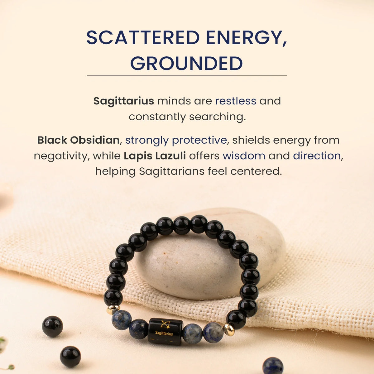 Sagittarius (धनु राशि) Zodiac Bracelet – Black Obsidian & Lapis Lazuli