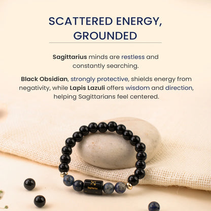 Sagittarius (धनु राशि) Zodiac Bracelet – Black Obsidian & Lapis Lazuli
