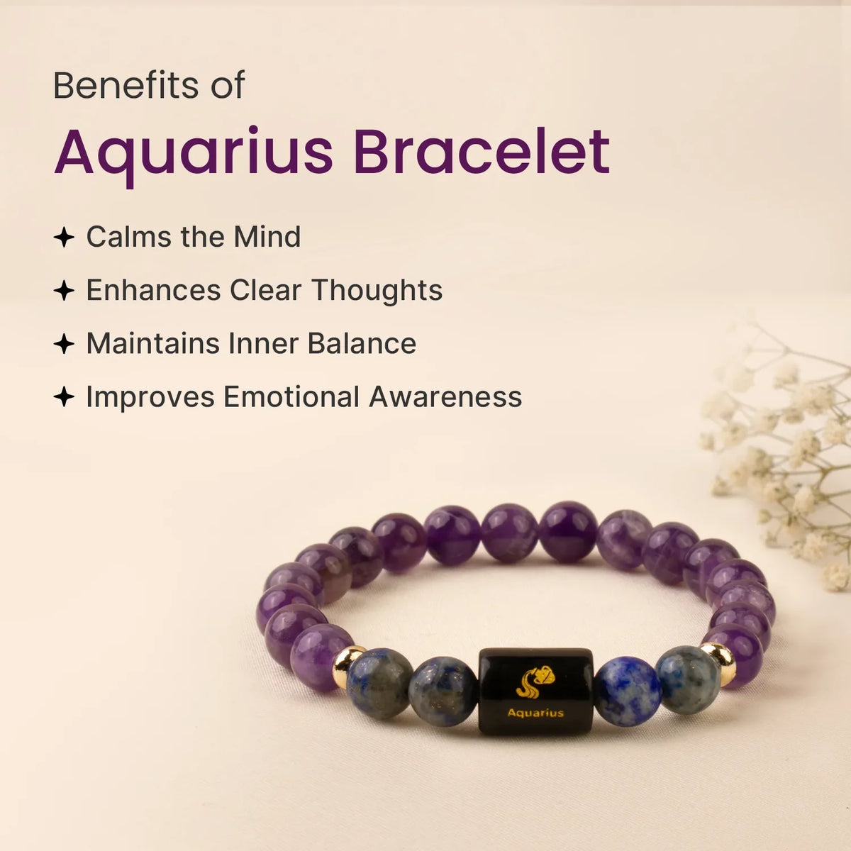 Aquarius (कुंभ राशि) Zodiac Bracelet – Amethyst & Lapis Lazuli