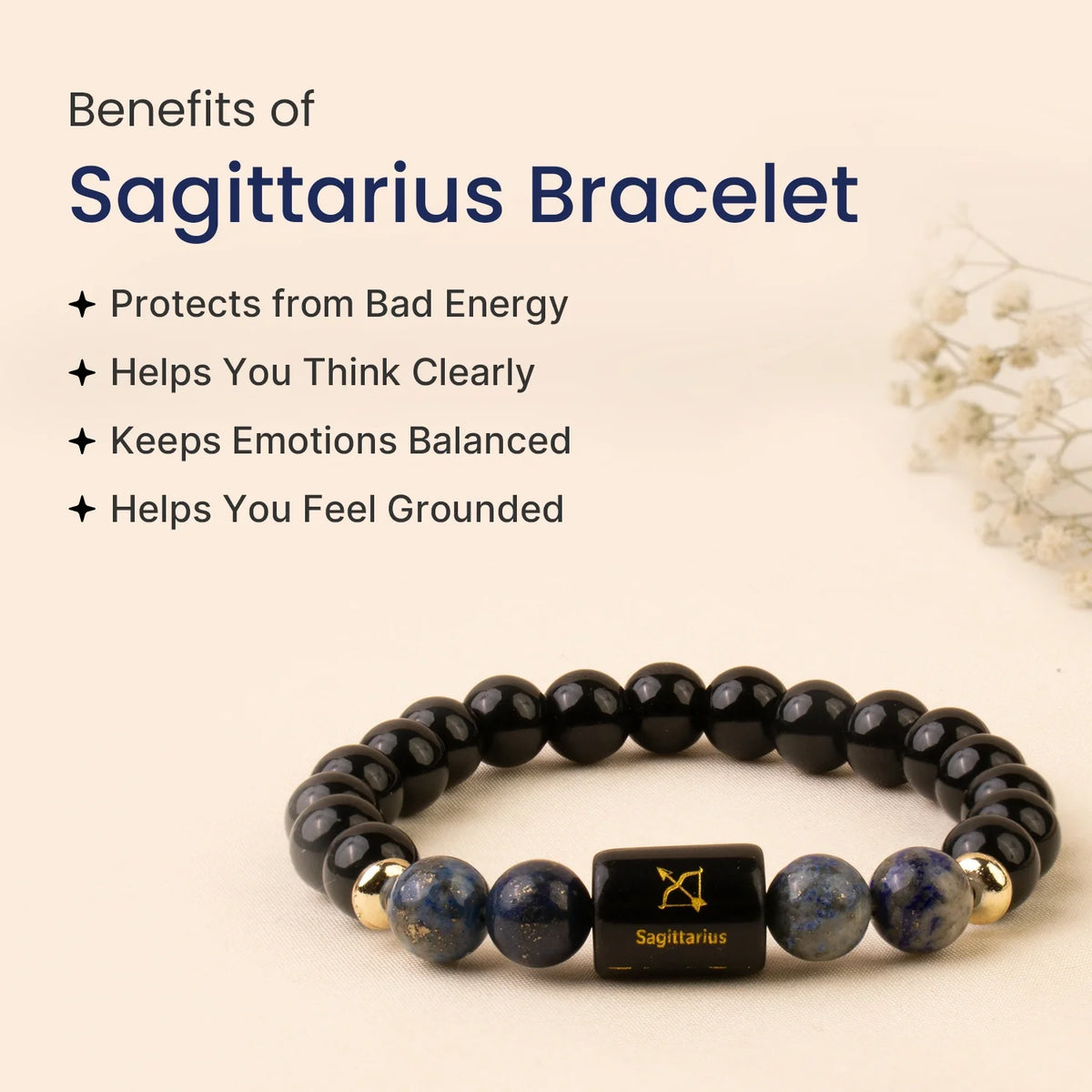 Sagittarius (धनु राशि) Zodiac Bracelet – Black Obsidian & Lapis Lazuli