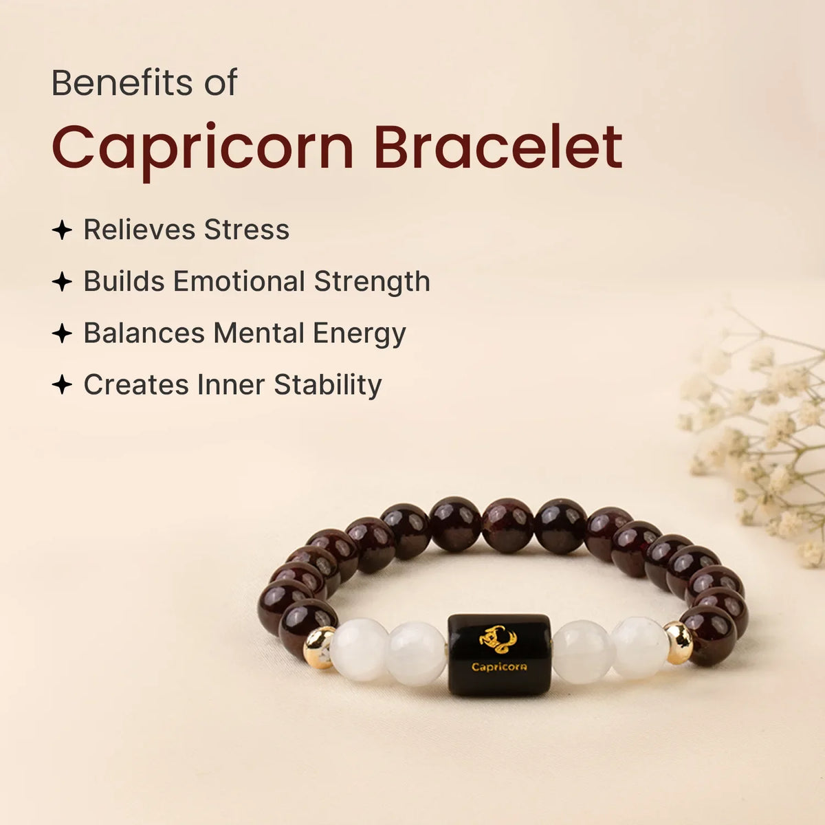 Capricorn (मकर राशि) Zodiac Bracelet – Garnet & Milky Quartz
