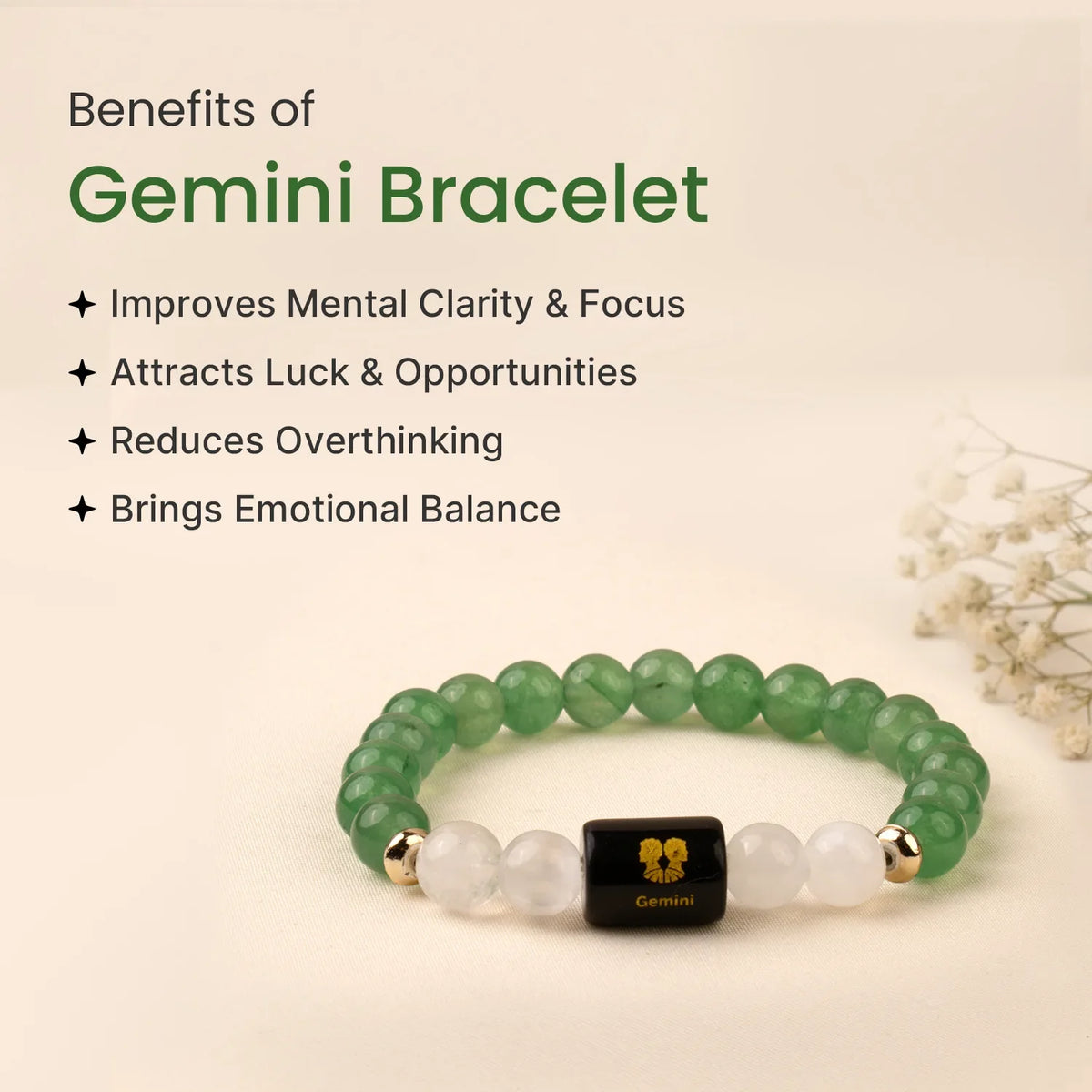 Gemini (मिथुन राशि) Zodiac Bracelet – Green Aventurine & Milky Quartz