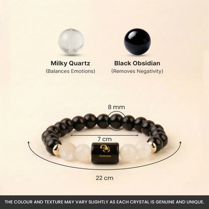 Scorpio (वृश्चिक राशि) Zodiac Bracelet – Black Obsidian & Milky Quartz