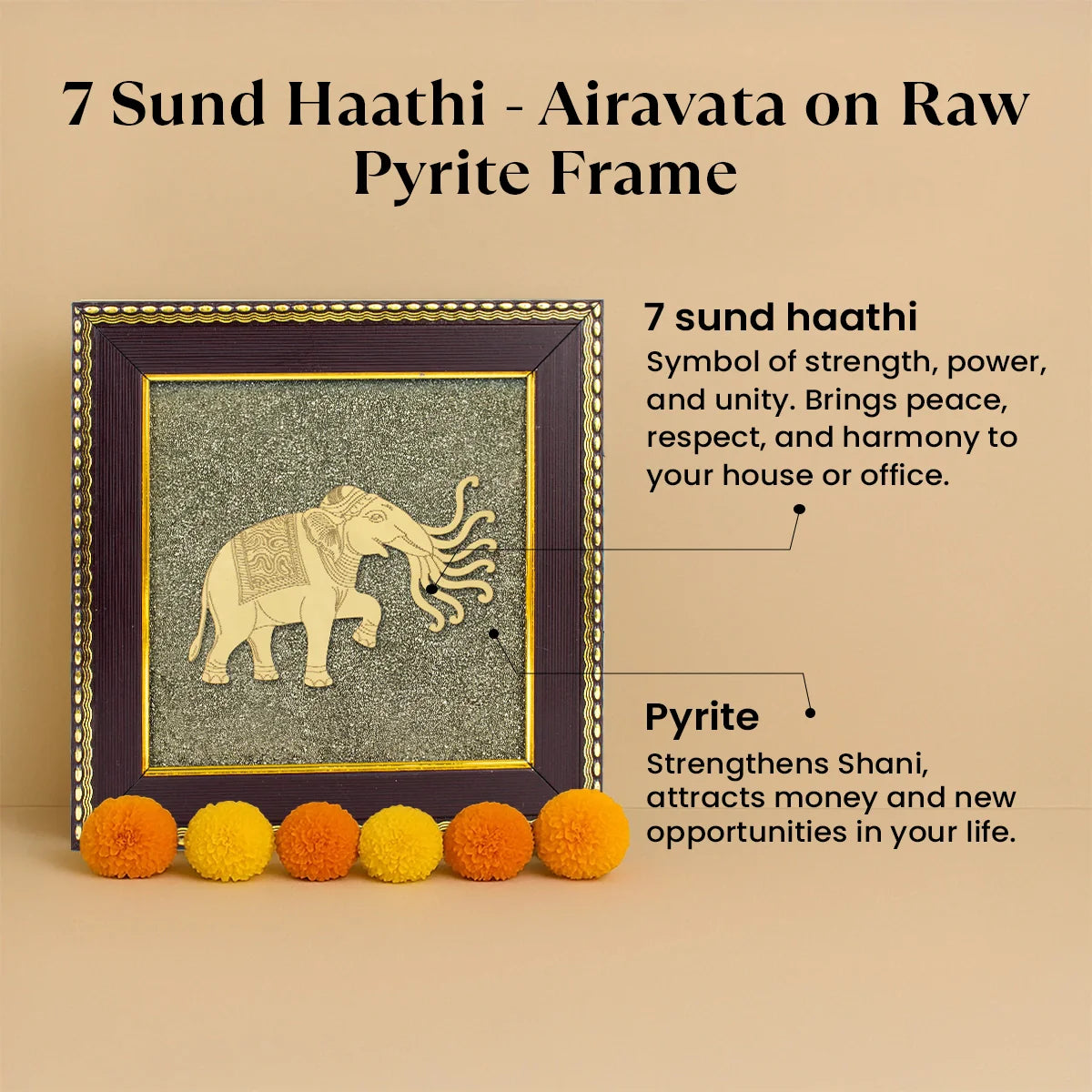 7 Trunk Elephant - Airavata on Raw Pyrite Frame