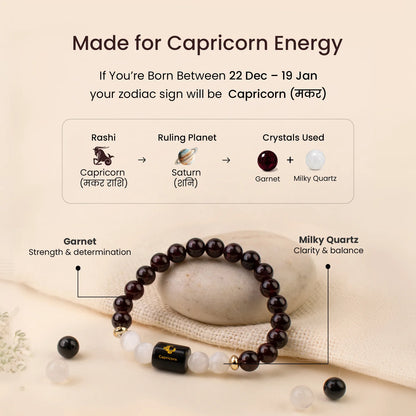 Capricorn (मकर राशि) Zodiac Bracelet – Garnet & Milky Quartz