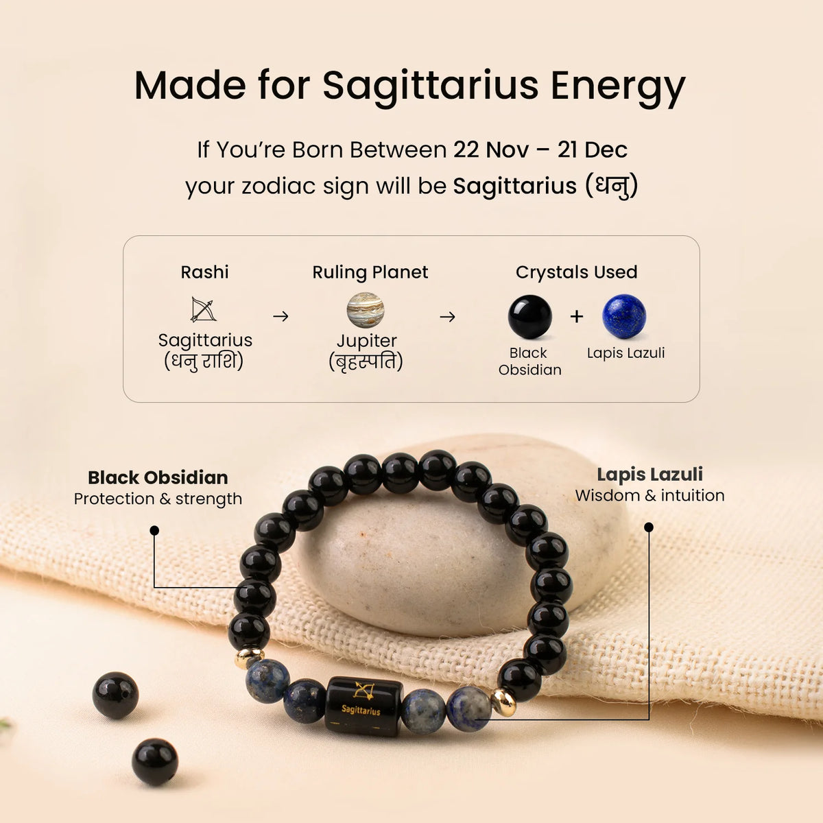 Sagittarius (धनु राशि) Zodiac Bracelet – Black Obsidian & Lapis Lazuli