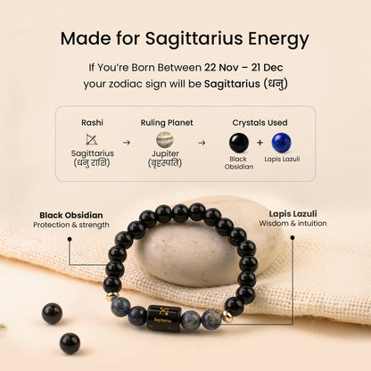 Sagittarius (धनु राशि) Zodiac Bracelet – Black Obsidian & Lapis Lazuli