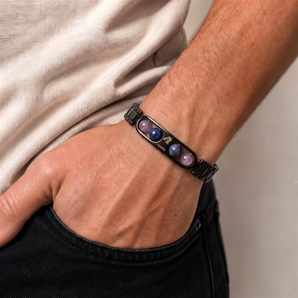 Aquarius Zodiac Metal Bracelet worn on wrist