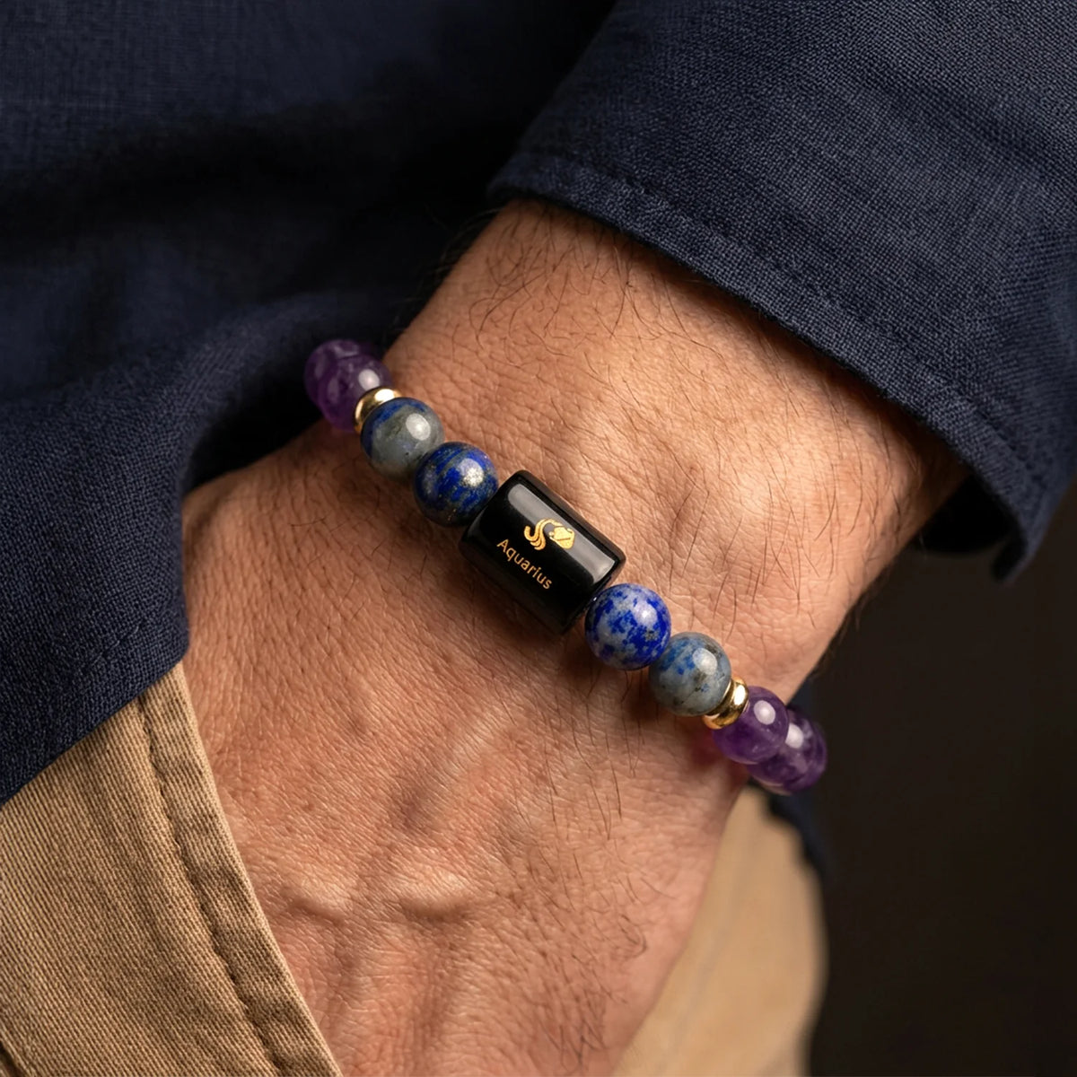 Aquarius (कुंभ राशि) Zodiac Bracelet – Amethyst & Lapis Lazuli