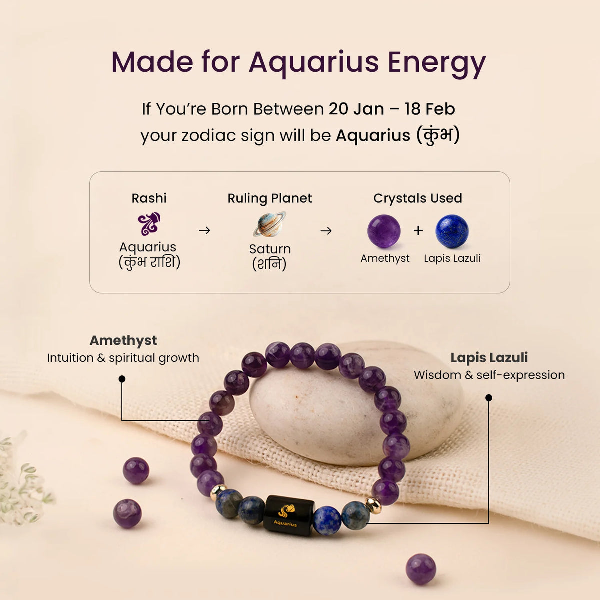 Aquarius (कुंभ राशि) Zodiac Bracelet – Amethyst & Lapis Lazuli