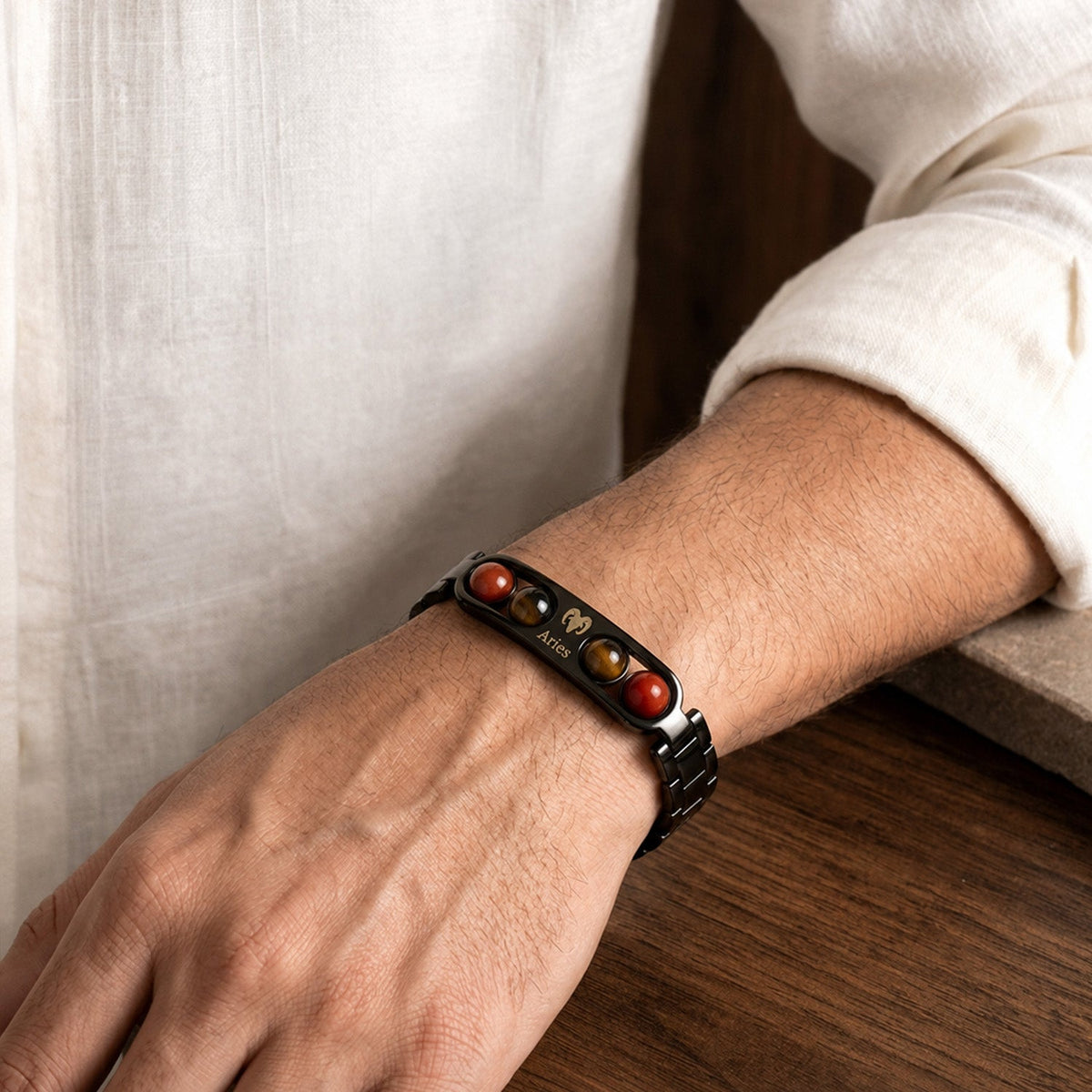 Aries Zodiac Metal Bracelet worn on wrist