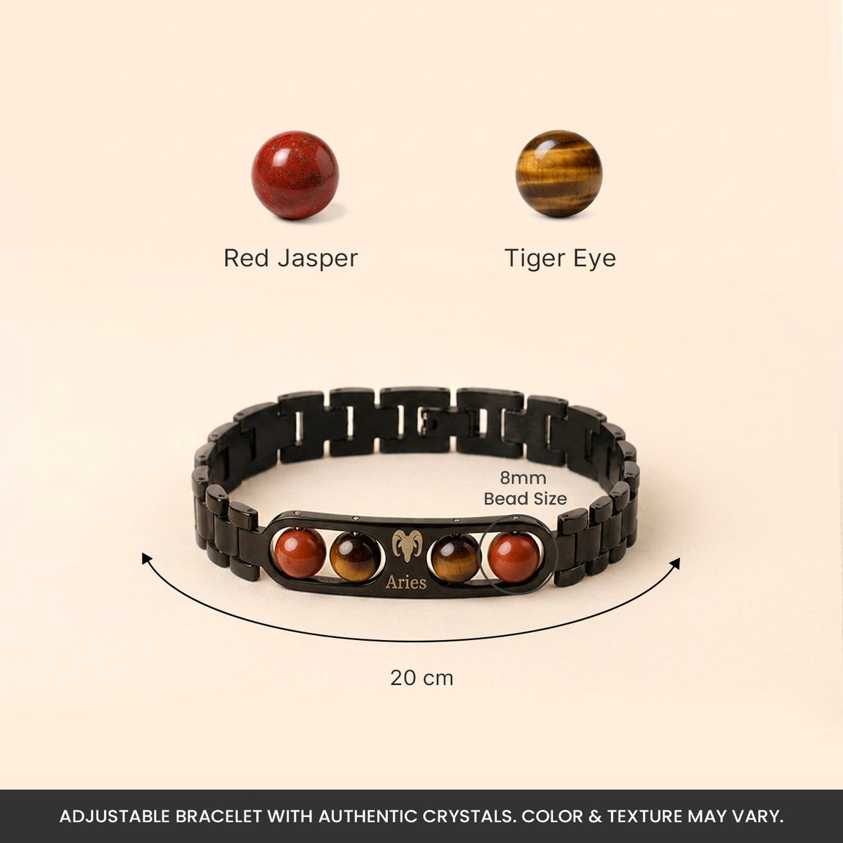 Aries Zodiac Metal Bracelet size and bead details