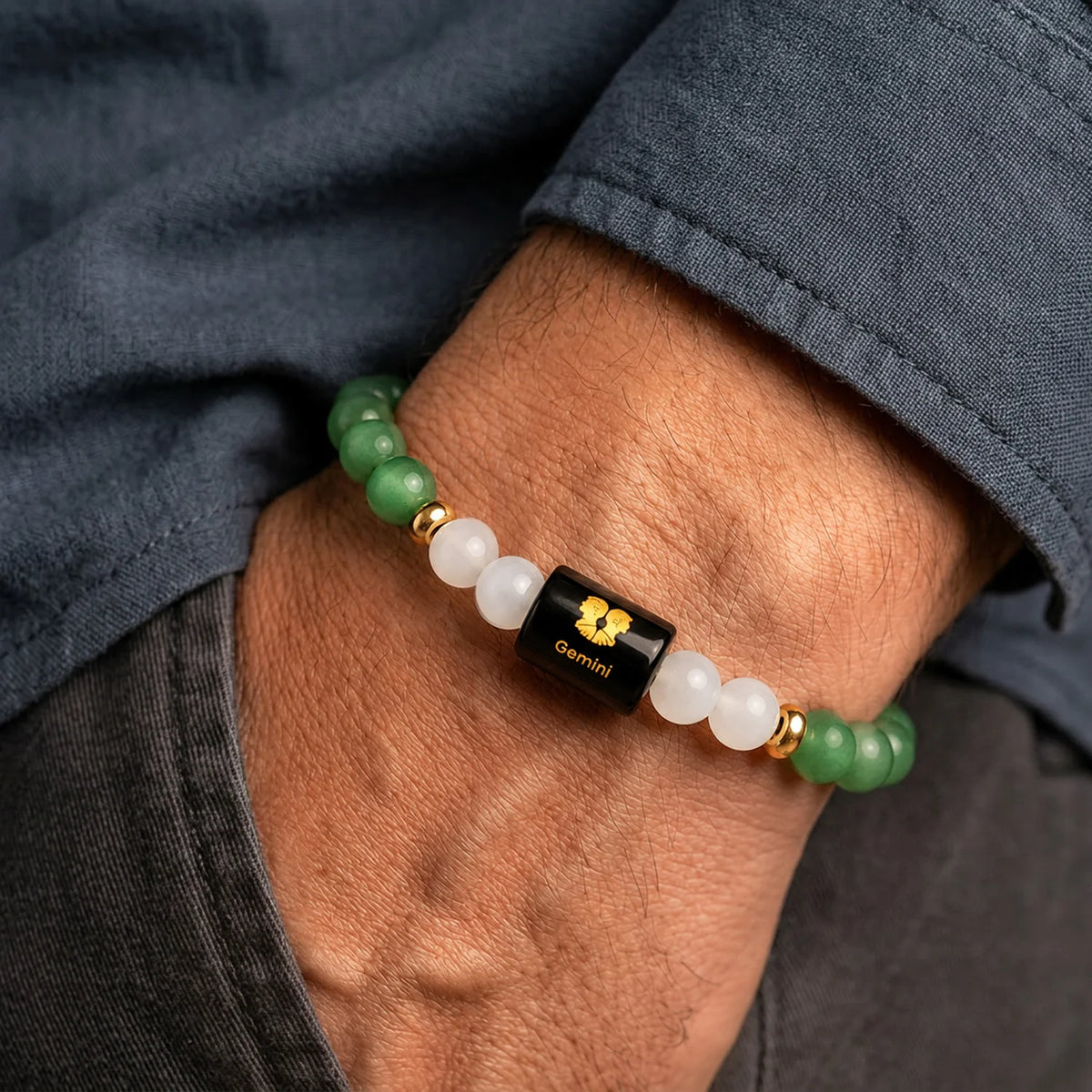 Gemini (मिथुन राशि) Zodiac Bracelet – Green Aventurine & Milky Quartz
