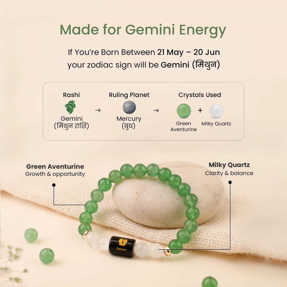 Gemini (मिथुन राशि) Zodiac Bracelet – Green Aventurine & Milky Quartz