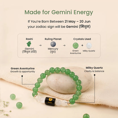 Gemini (मिथुन राशि) Zodiac Bracelet – Green Aventurine & Milky Quartz