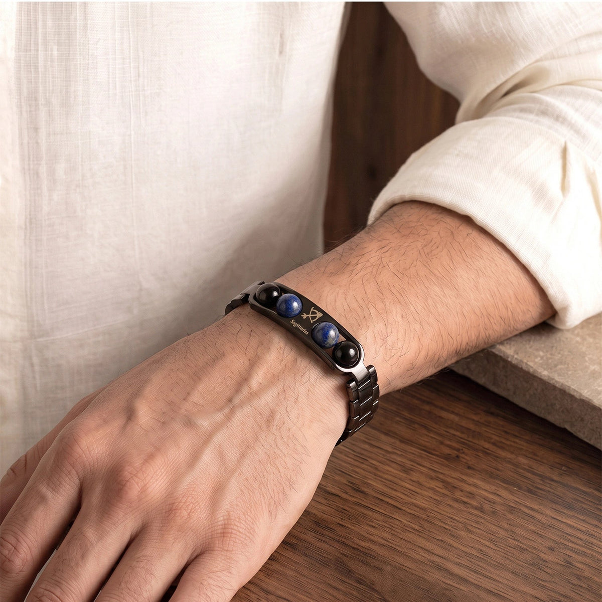 Sagittarius Zodiac Metal Bracelet worn on wrist