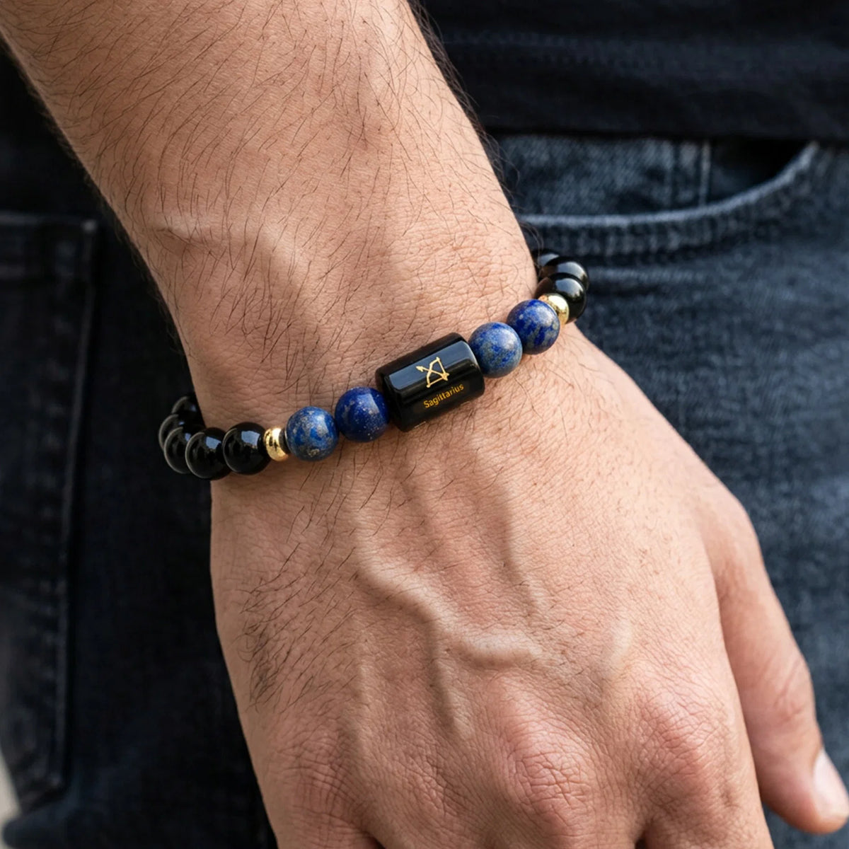 Sagittarius (धनु राशि) Zodiac Bracelet – Black Obsidian & Lapis Lazuli