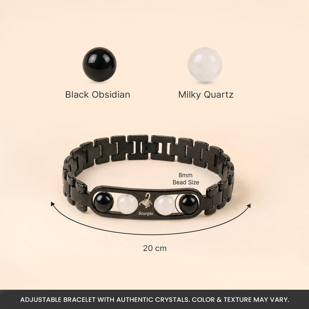 Scorpio Zodiac Metal Bracelet size and bead details