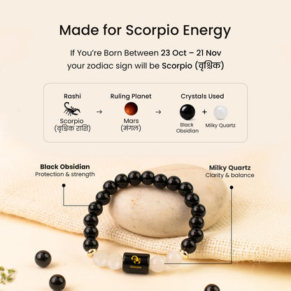 Scorpio (वृश्चिक राशि) Zodiac Bracelet – Black Obsidian & Milky Quartz